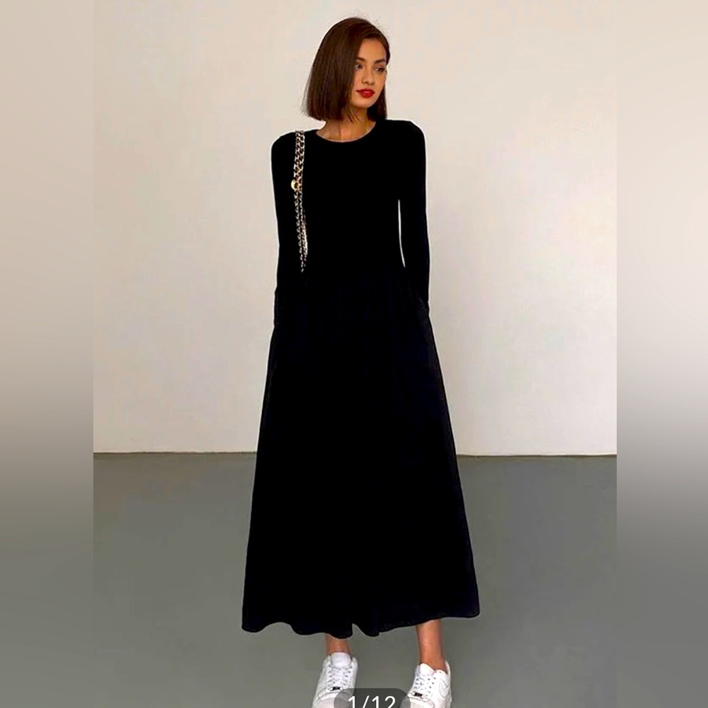 NWT Commense Leisure Pockets Long Sleeve Black Maxi Dress MEDIUM